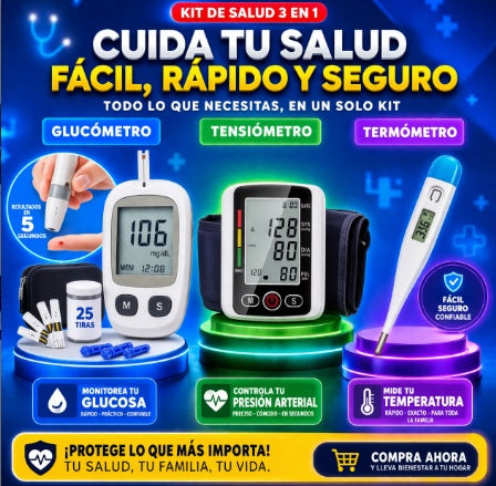 Combo medición salud " >Glucometro + Tensiometro + Termometro"
