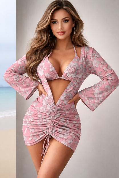 Traje de baño 3 piezas vestido rosa